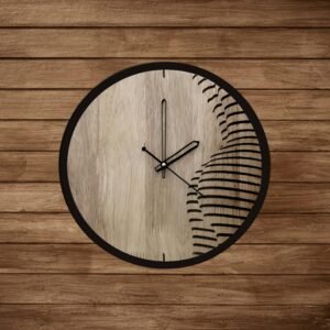 Elegant wooden wall clock on a rustic wooden board background, featuring minimalist design.