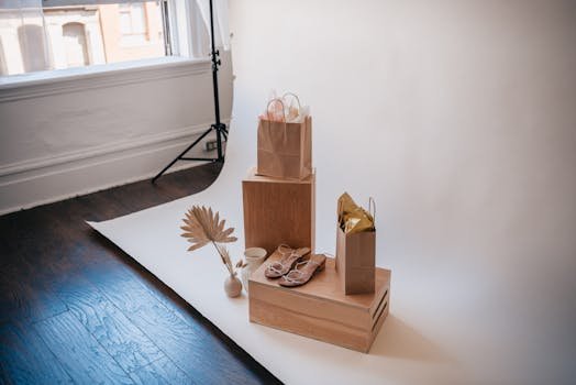 Stylish still life featuring shopping bags, sandals, and decor on a wooden box setup.